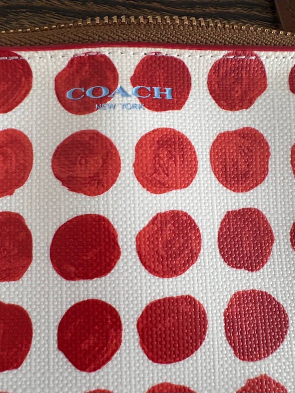 Coach Bleecker Red and White Polka Dot Wristlet w/ Brown Trim Gold Hardware - Picture 9 of 9